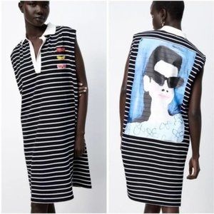 Zara Natacha Paschal Striped Knit Polo Shift Dress Graphic Print Sz Medium